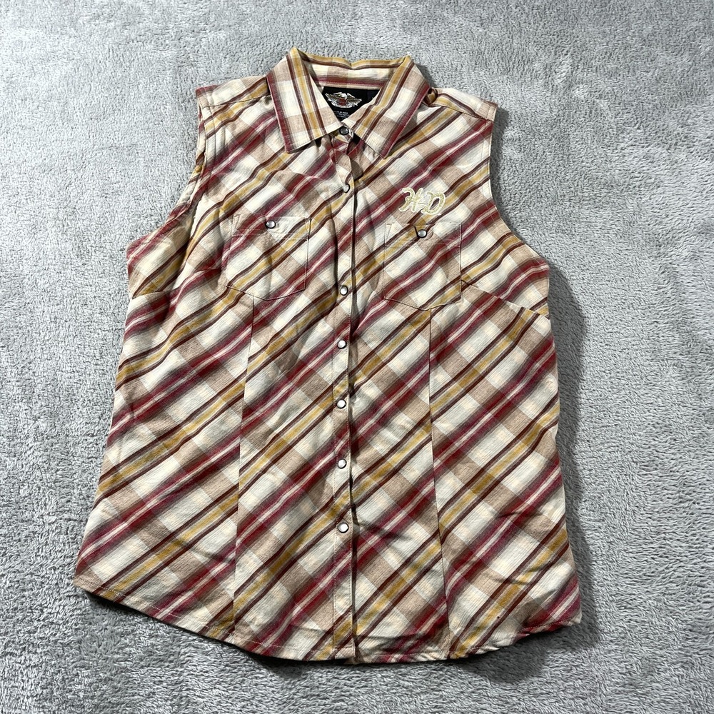 Harley Davidson Sleeveless Shirt Plaid Western Button Up Womens H-D Top